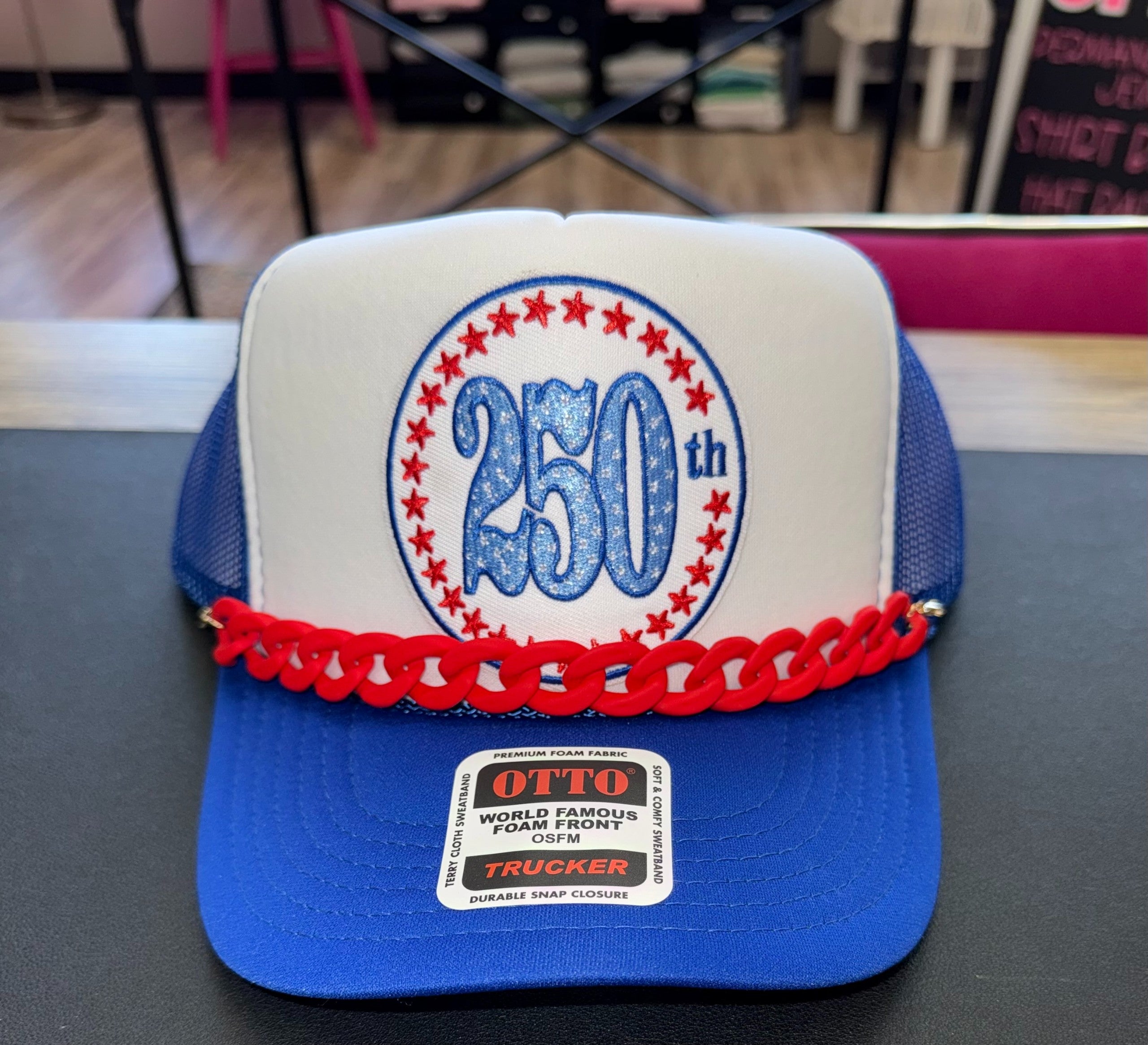 Custom OTTO 250th Anniversary Patriotic Red Trucker Hat Mens Blue Faux Leather And Red Poly Cotton Twill Patriotic  main image 4